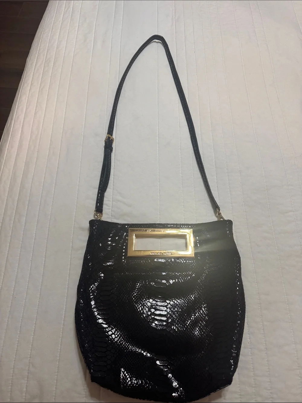 Michael Kors Black Patent Shoulder Bag with Gold-Tone Handle Frame
